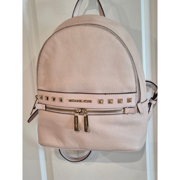 Michael Kors Handbags - Michael Kors Rhea Mini Studded Pebbled Leather Backpack Pink Gold Hardware